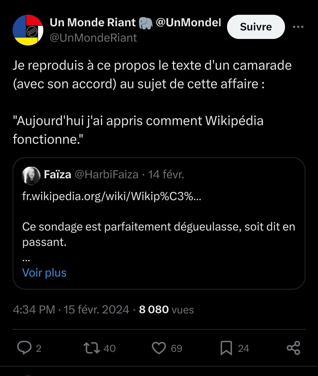 Capture du threat de Un Monde Riant sur twitter, avec 40 retoots 