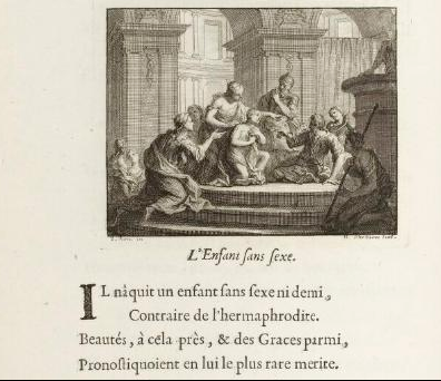 Frontispisce de fable avec divers personnage dont un est en prière Titre : L'enfant sans sexe début : iI naquit un enfant sans sexe ni demi Contraire de l'hermaphodite