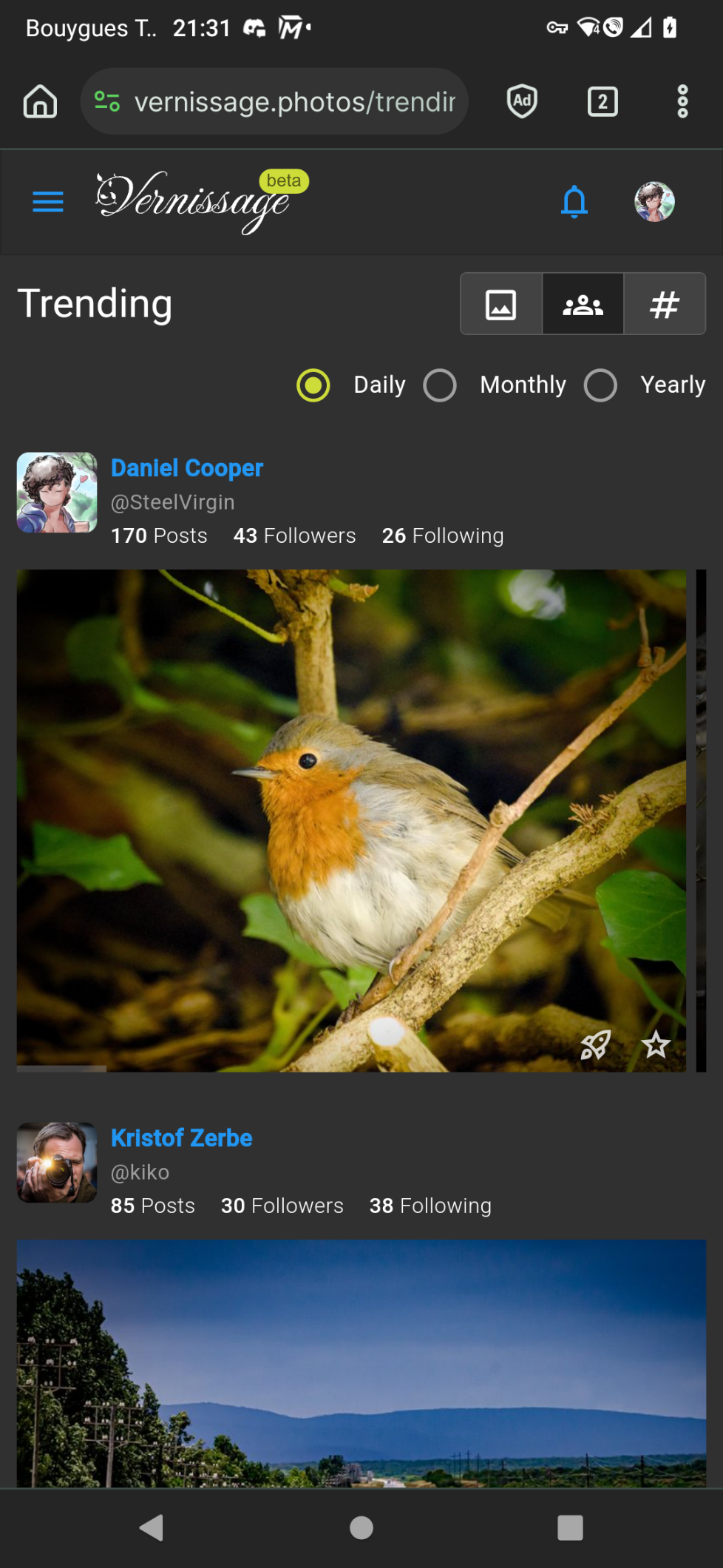 Page "Trending&quot; du réseau social Vernissage, catégorie &quot;Utilisateur&quot;, &quot;Par jour&quot;. Le premier profil est le miens. La dernière photo que j'ai posté apparaît (un rouge gorge). Le second profil appartient a un certain <br />Kristof Zerbe. On voit une partie de sa dernière photo, un paysage avec des collines au loin.