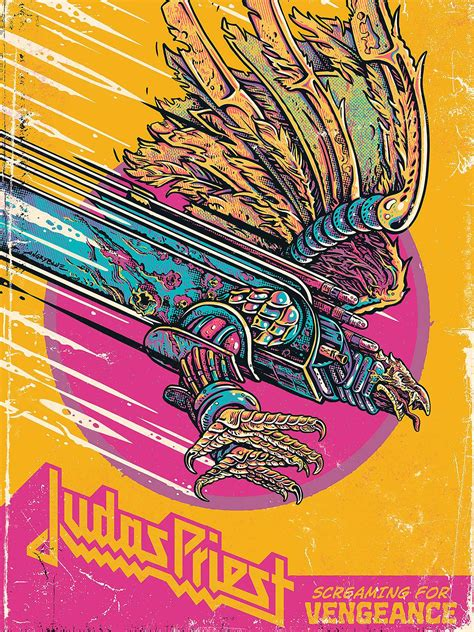 Cover de l'album scream for Vengeance de Judas Priest, en jaune rose et cian. Un aigle mécanique sur fond uni. Cover de l'album scream for Vengeance de Judas Priest, en jaune rose et cian. Un aigle mécanique sur fond uni.