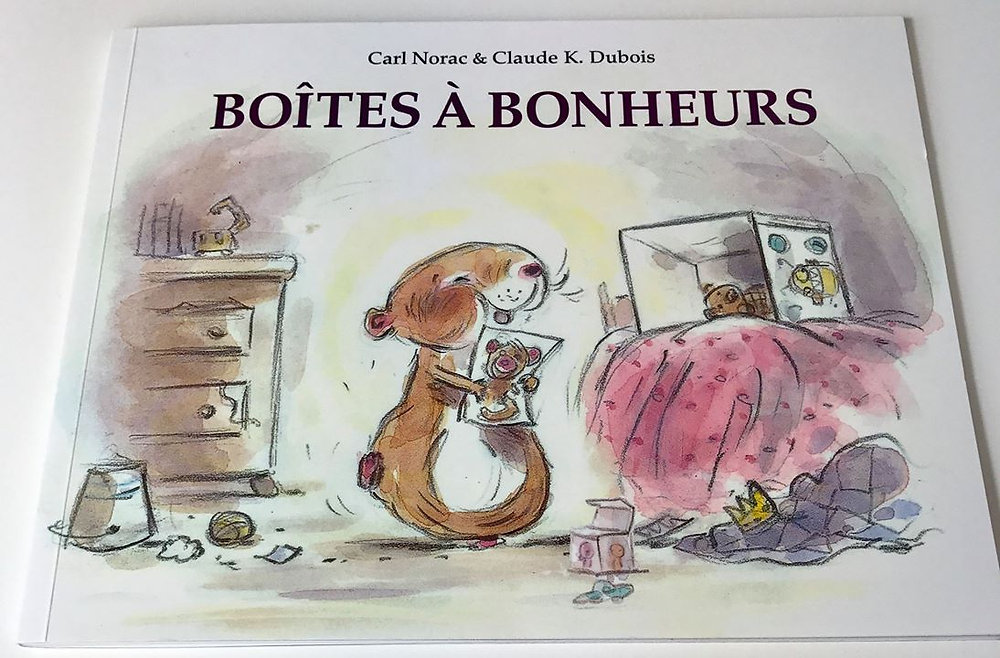 Photo du livre Boîtes à bonheurs, de Carl Norac et Claude K. Dubois.

C'est un format à l'italienne, sur la couverture on peut voir une petite marmotte dans sa chambre en train de sourire, un dessin dans ses bras, une boîte ouverte sur son lit.