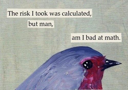 Painting of a bird with the text "the risk I took was calculated, but man, am I bad at math"