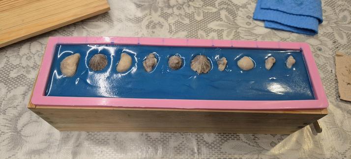 Eine frisch in eine kastenförmige Silikonform eingegossene Seife. Die Seife ist kräftig blau. Obenauf liegen kleine Muscheln, die so angeordnet sind, dass beim Schneiden der Seife später auf jedem Stück eine kleine Muschel liegt. Die Muscheln sehen ziemlich echt aus, sind aber auch aus Seife.