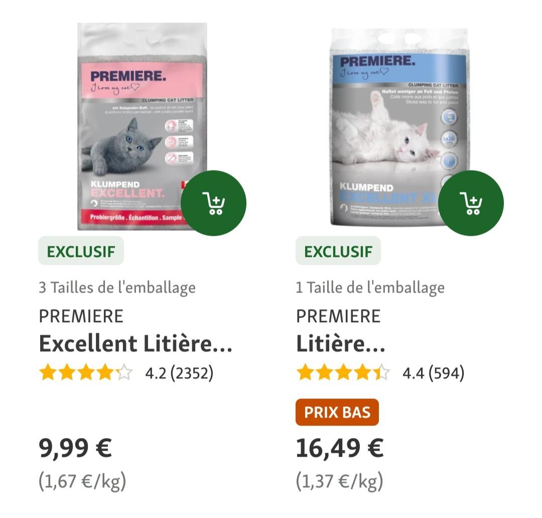 deux litières en vente sur un site, les titres sont tronqués on ne sait pas laquelle est agglomérante avec écrit "excellent litière..." et "litière..."