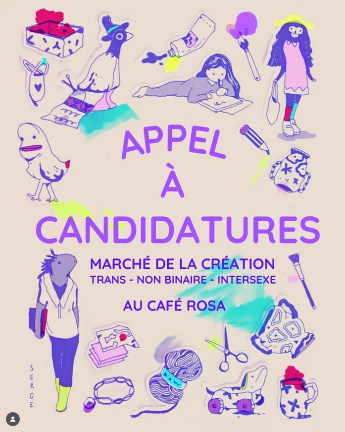 Affiche de l'appel à candidature avec plusieurs illustrations un peu naïves de personnages fantastiques et d'objets de loisirs créatifs. Les infos sont les mêmes que dans le texte du pouet.