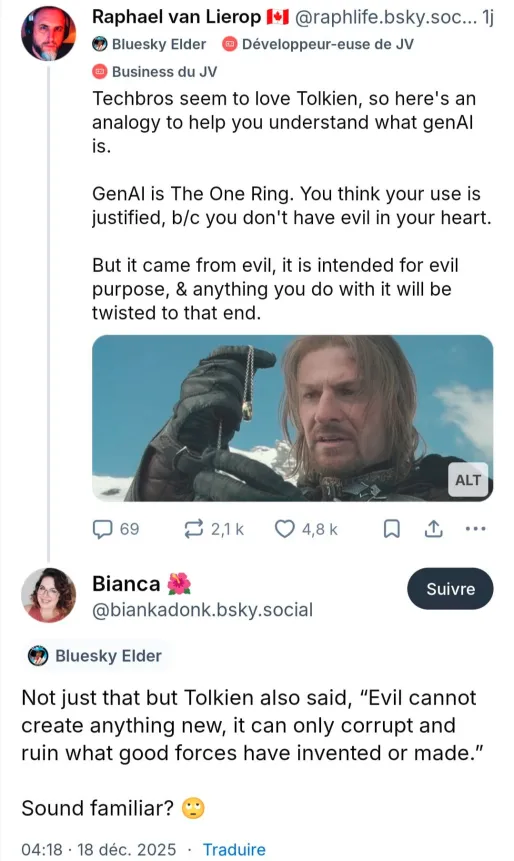 Screenshot of the two bluesky posts. Raphael's post is illustrated by a still from The Fellowship of the ring, and shows Boromir holding the One Ring in front of his eyes. His left hand is about to take the ring from its chain.