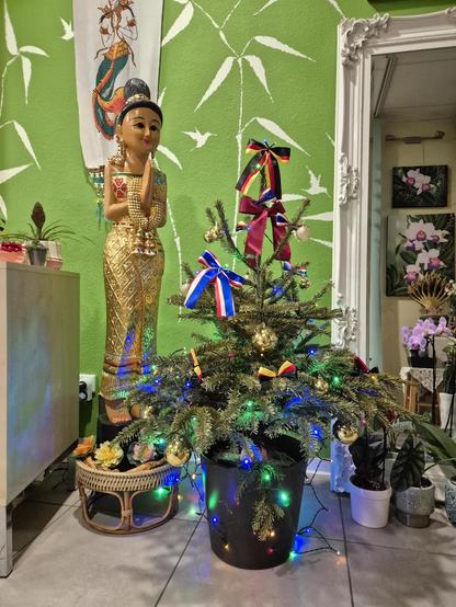 Kleiner Tannenbaum im Topf geschmückt mit einer bunten Lichterkette und Schleifen in den Nationalfarben von Deutschland und Thailand.
Dahinter steht eine goldene Figur einer Frau in traditioneller thailändischer Kleidung, die die Hände zur Begrüßung gefaltet hat. Im Hintergrund grüne Tapete mit Bambusmotiv, ein Spiegel und der Rand einer Ladentheke.