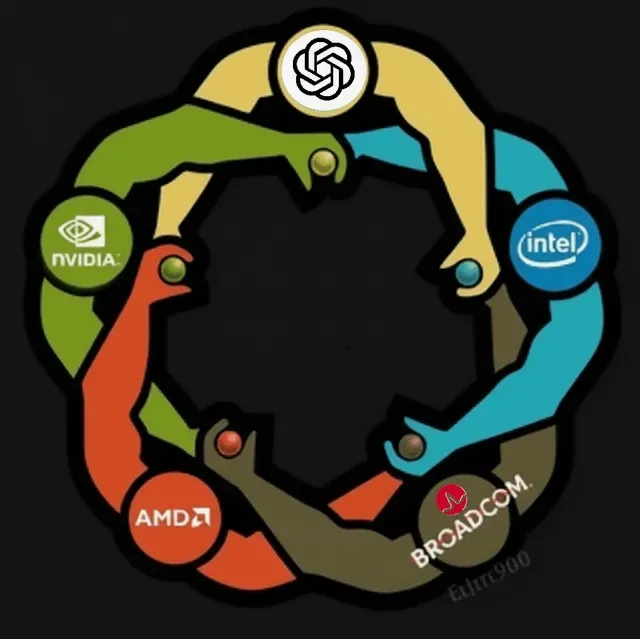 dessin de 5 personnes en cercle vues d'au dessus, chacune de leur tête porte le logo d'une entreprise (NVIDIA, OpenAI, Intel, AMD, Broadcom), en train de se masturber mutuellement