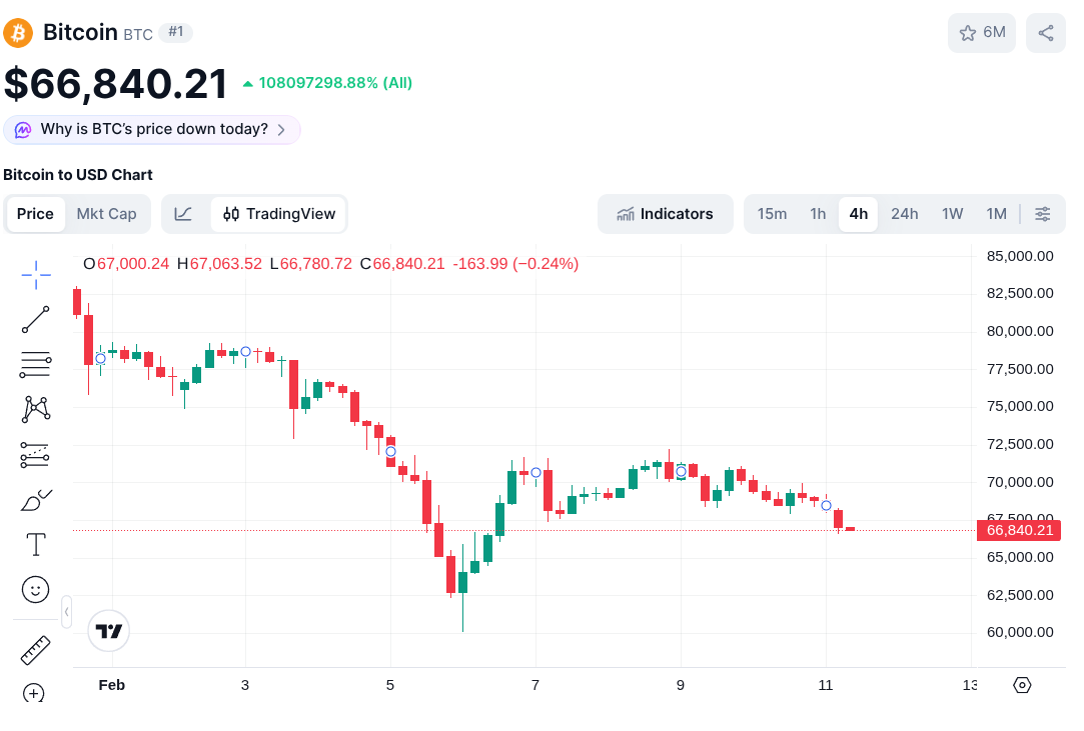 Cours du bitcoin sur le mois de février, par tranche de 4h. 

À partir du 6, le cours varie entre 69 000 et 71 000 sans jamais sortir de ces zones.

Depuis le 11, il descend en dessous de 69 000.