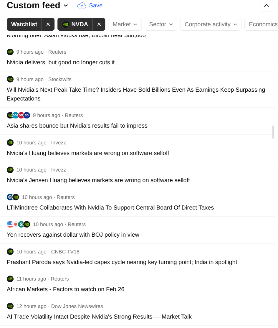Liste d'articles publiés dans la nuit avec des titres comme "Les bourses d'asie rebondissent mais les résultats de NVIDIA n'impressionnent pas" ou "NVIDIA livre mais ne fait pas l'affaire"