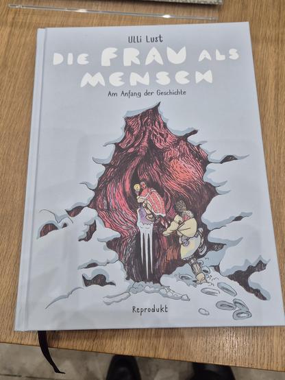 Buchcover von "Die Frau als Mensch". Auf hellgrauem Grund, der eine vereiste Landschaft darstellt, sind zwei Frauen abgebildet, die eine Höhle erkunden, die wie eine Vulva geformt ist. Eine Frau hat ein Baby auf den Rücken gebunden. Ihre Kleidung wirkt urzeitlich.
