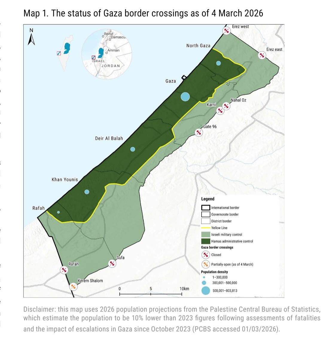 Carte extraite du rapport de l'Acaps montrant les frontières de la bande de Gaza en date du 6 mars 2026