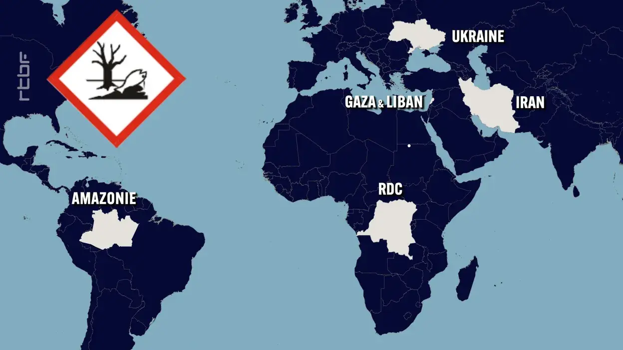 Quelques exemples d'Ecocides dans le monde : en Amazonie, en RDC, à Gaza, au Liban, en Ukraine, en Iran. Source @RTBF