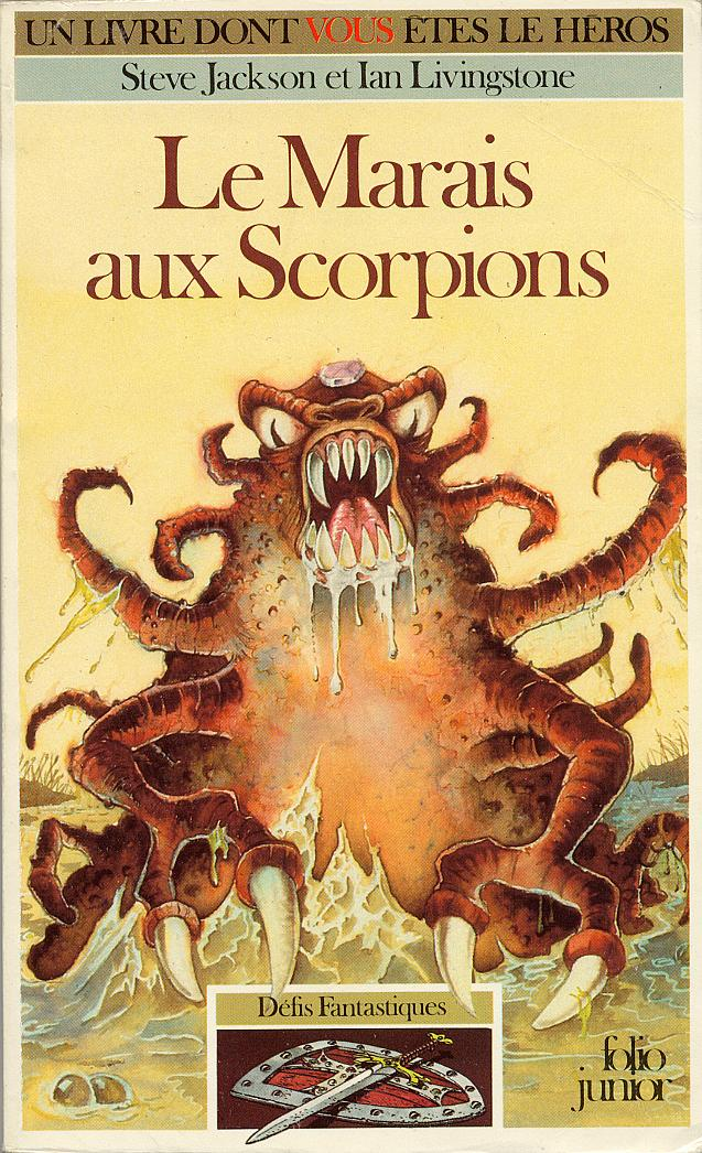Couverture du Livre "Le Marais aux Scorpions" dans la série "Livre dont Vous êtes le héros", par Steve Jackson et Ian Livingstone, chez Folio Junior.

La couverture, illustrée par Duncan Smith, représente un monstre tentaculaire émergeant de l'eau.