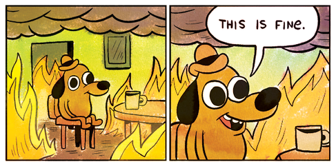 Les deux premières cases de la BD qui forment le mème "this is fine".

Dans la première un chien avec un petit est assis sur une chaise dans une maison en flammes. Il y a une table devant lui sur laquelle est posée une tasse de café. Le chien est totalement inexpressif.

Dans la seconde case, on zoome sur la tête du chien qui sourit, ouvre la bouche, et dit "this is fine", qu'on pourrait traduire par "tout va bien". On peut encore voir la tasse de café devant lui.