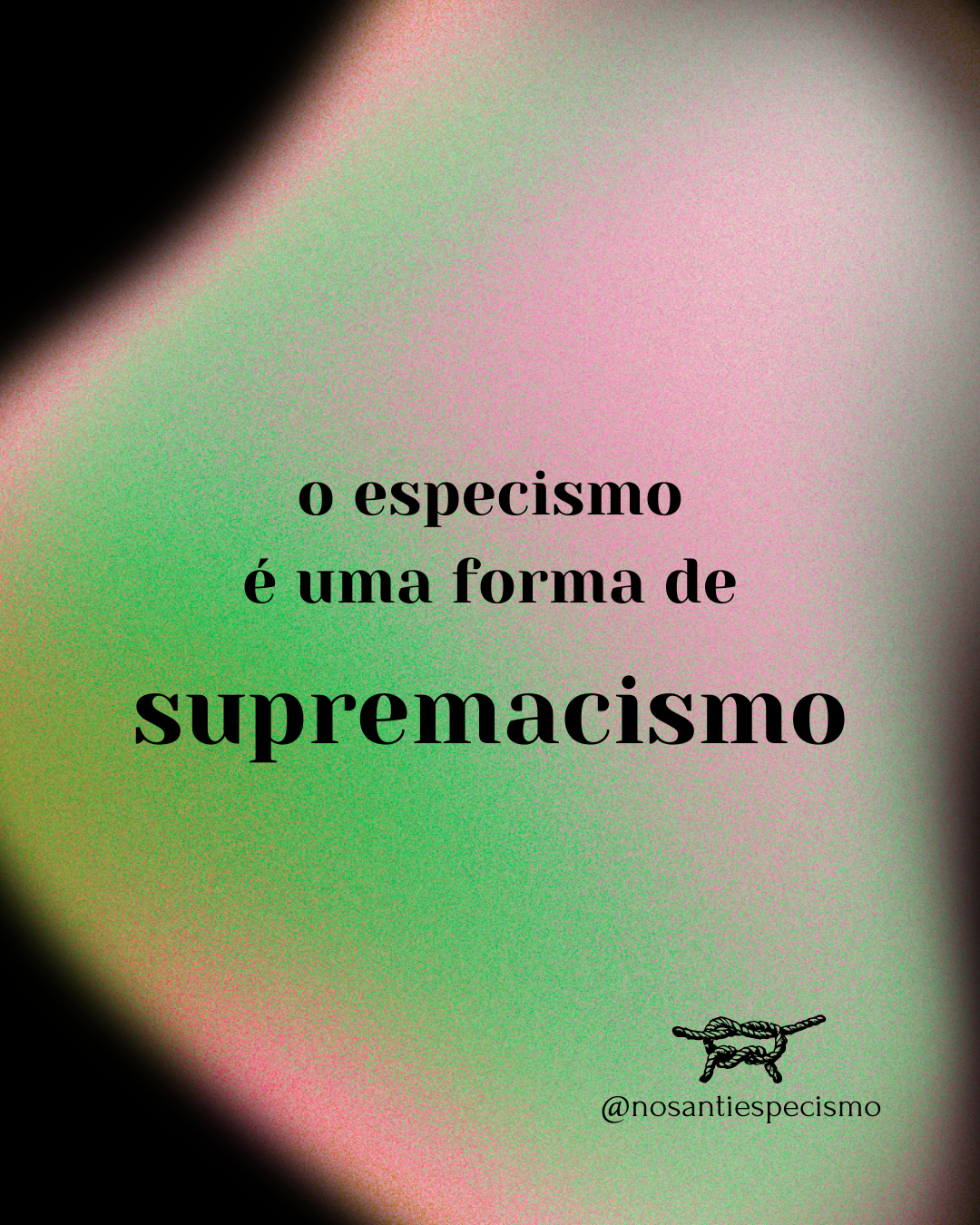 Imagem com fundo em preto, verde e rosa, com o texto em preto que diz "o especismo é uma forma de supremacismo".