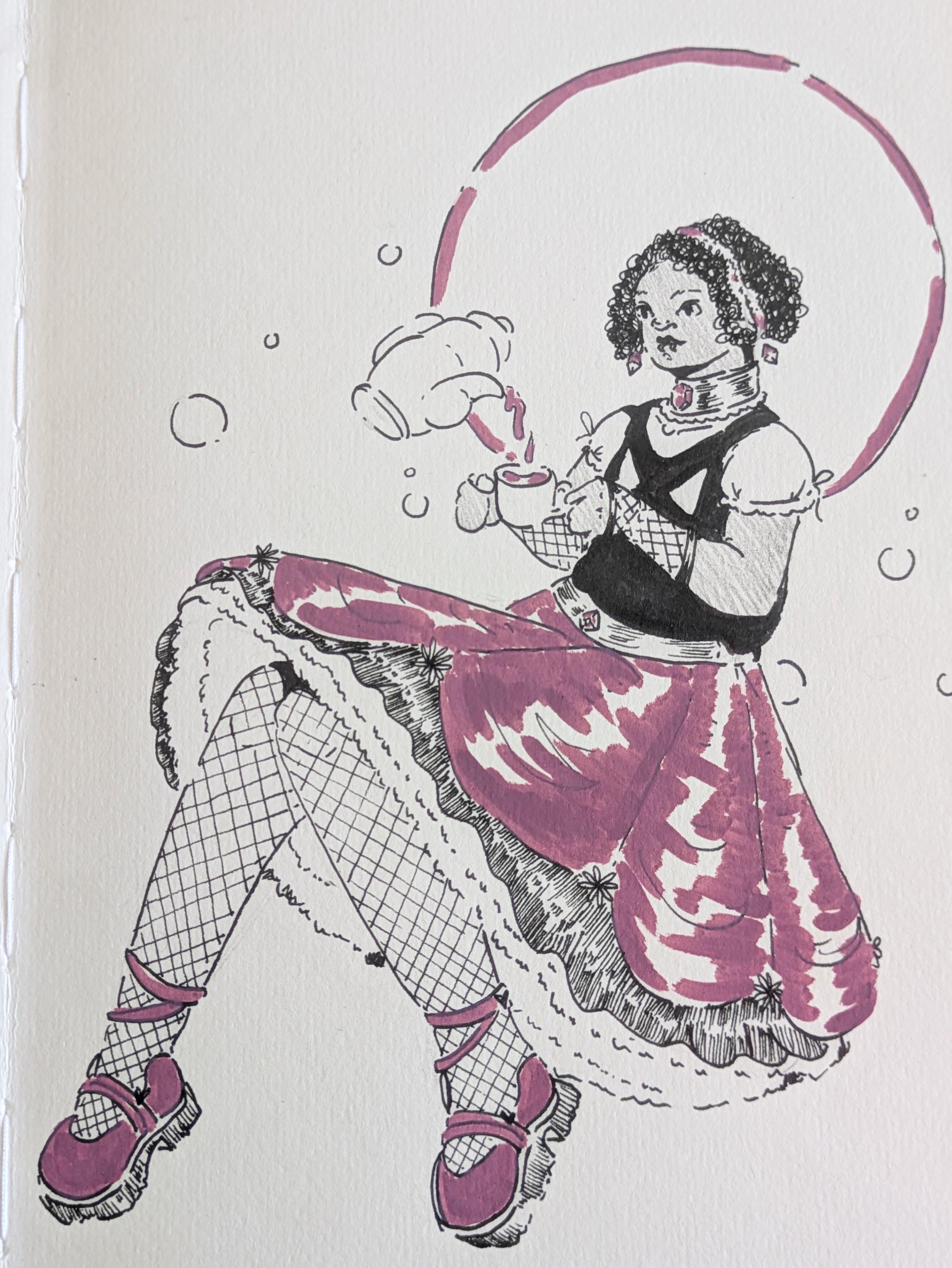 Dessin d'une personne noire et mince flottant, tenant une tasse de thé et une théière flotte en versant du thé. Elle a les cheveux frisés courts, un haut noir, des manches et collants quadrillés et une jupe gothique lolita violette