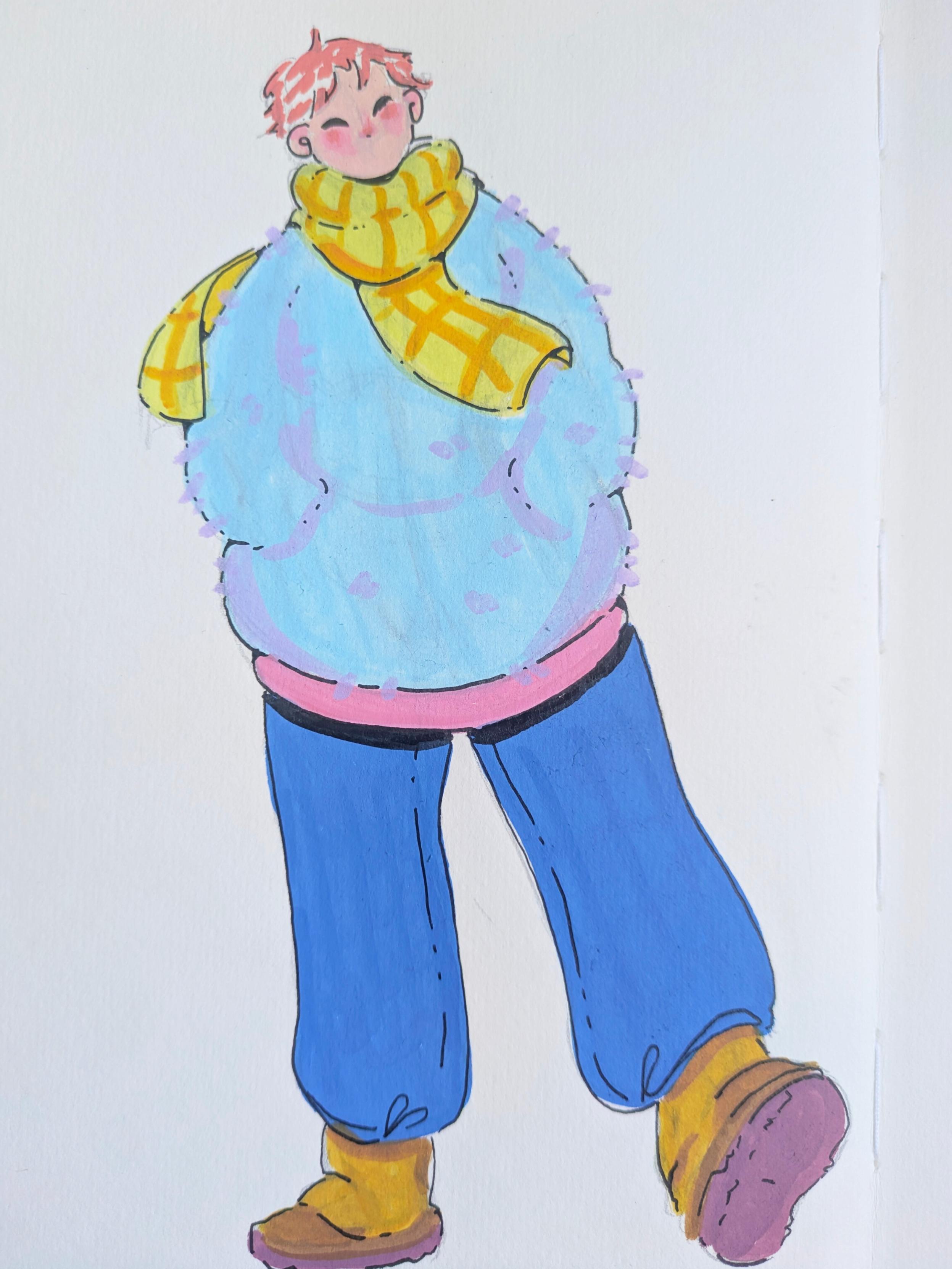 Dessin aux feutres acryliques d'un personnage dans un gros manteau bleu et une écharpe jaune