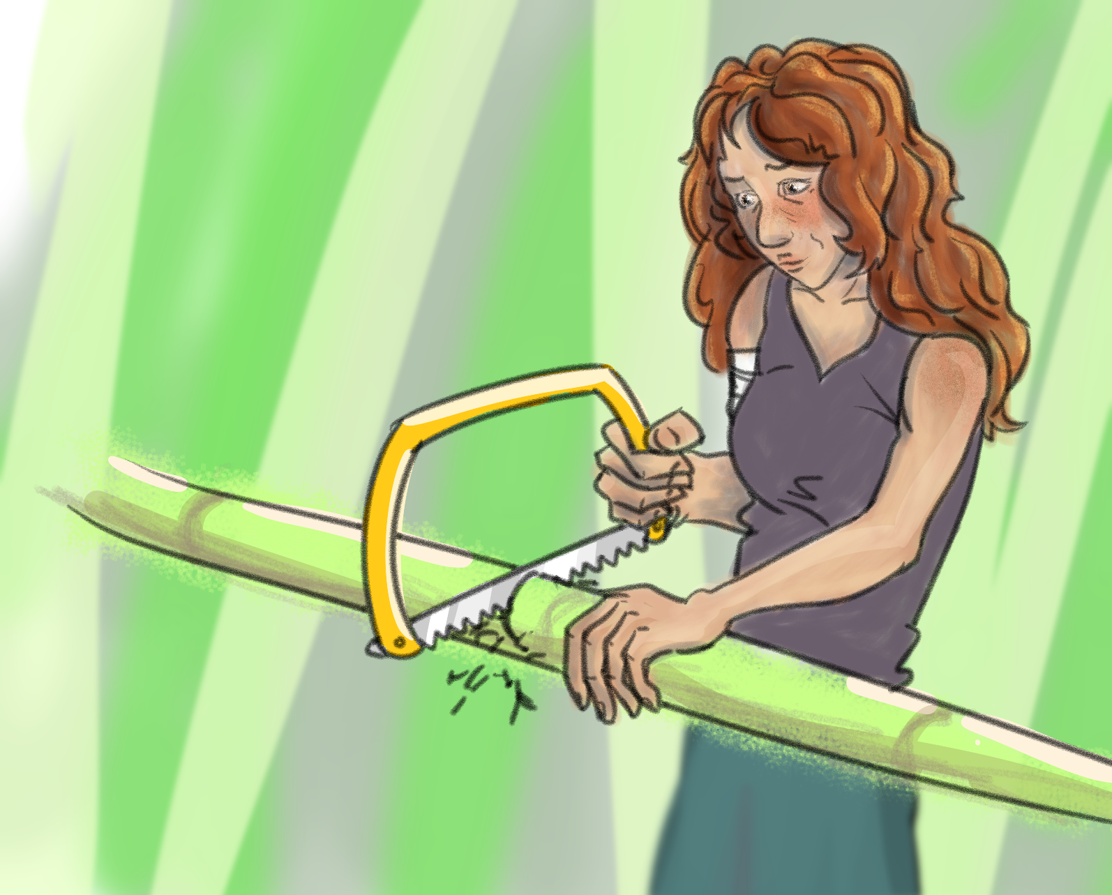 Digital drawing of a redhead white woman cutting some bamboo