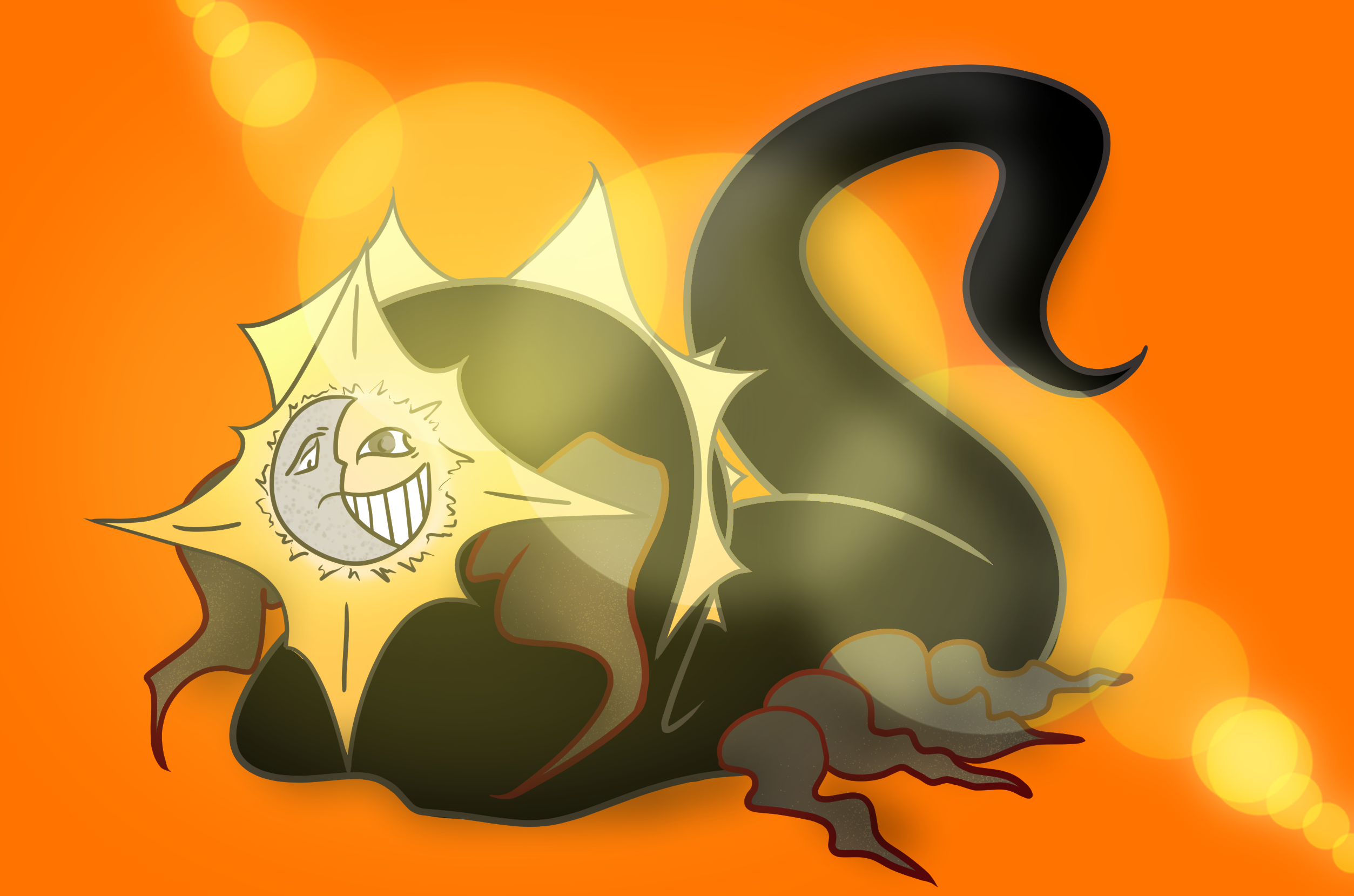 Digital drawing of a black creature with an eversmiling face in the shape and color of the sun, a little half of it masked by a sad moon.