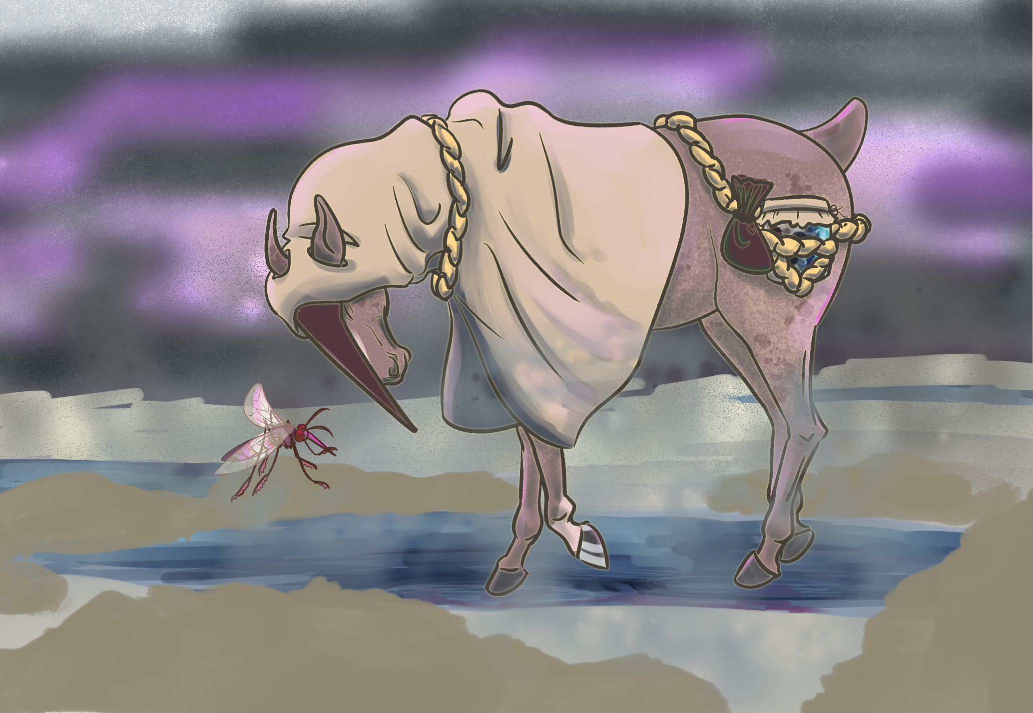 Digital drawing of an horse in healer outfit in wastelands, with a giant pet mosquito.