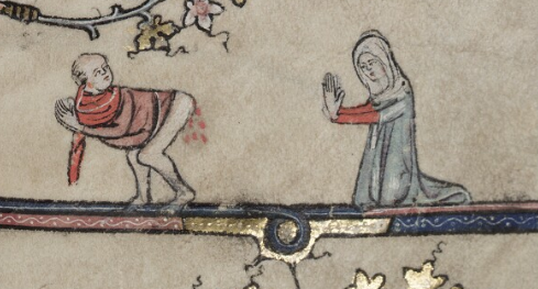 Illustration médiéval montrant un prêtre cul nu en train de déféquer devant une none à genoux, mains jointes dans un signe de désaprobation et pour se protéger