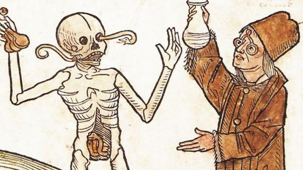 Un homme mi squelette, un serpent dépassant de son orbite et traversant son cerveau, le ventre ouvert avec ce qui semble être un serpent qui sort de son corps, face à un apothicaire qui tient un flacon, la discussion entre les 2 semble animée
