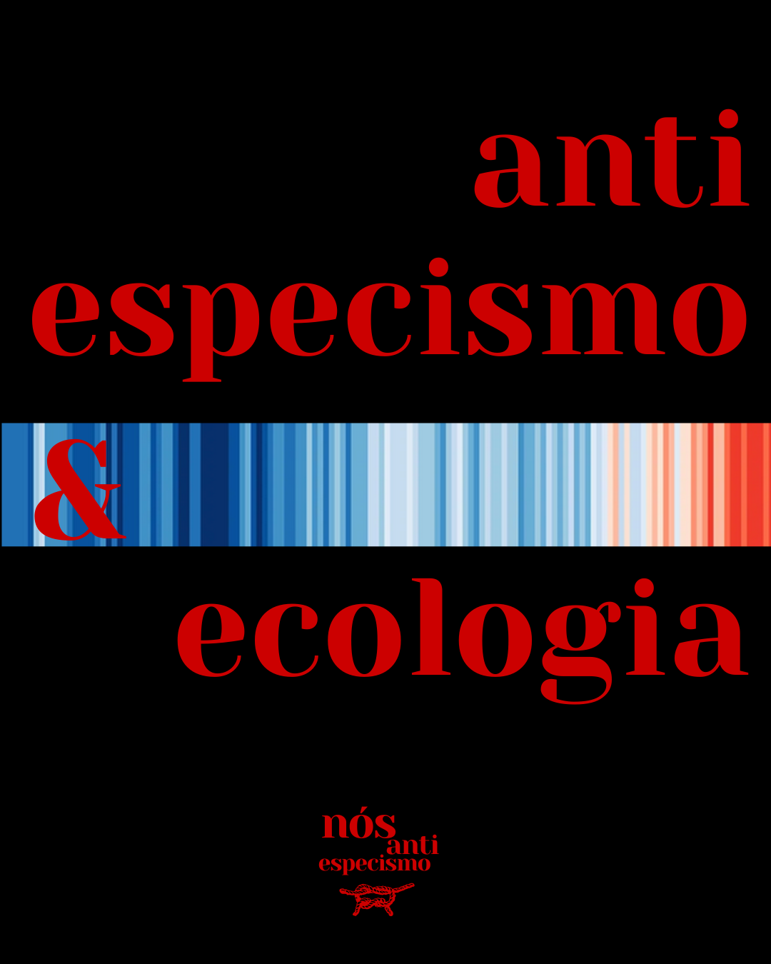 A imagem mostra os dizeres "antiespecismo & ecologia" seguidos do logotipo da Nós Antiespecismo, sob um fundo preto e "listras de aquecimento"