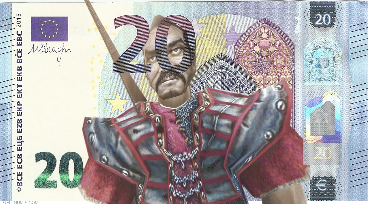 billet de 20 euro bleu avec une personnage en 2D moche armure clichée des années 2000