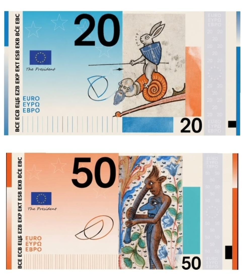 billet de 20 et de 50 avec des vieux dessins médiévaux cursed, le premier c'est un laping avec un bouclier et une lance sur le dos d'un escargot avec une tête de vieux, le second c'est une sorte de diable qui joue de la flute avec un visage sur le torse