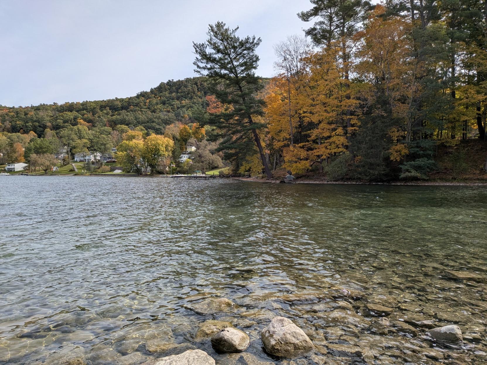 Looking across the lake's transition into a river. The water is clear and greenish. The trees on the opposite shore are a mix of dark green conifers and yellow-orange maples and beeches. The hill behind those is more green, and white houses with docks and perfect lawns line the shore. The sky is cloudy but the light is still bright.
